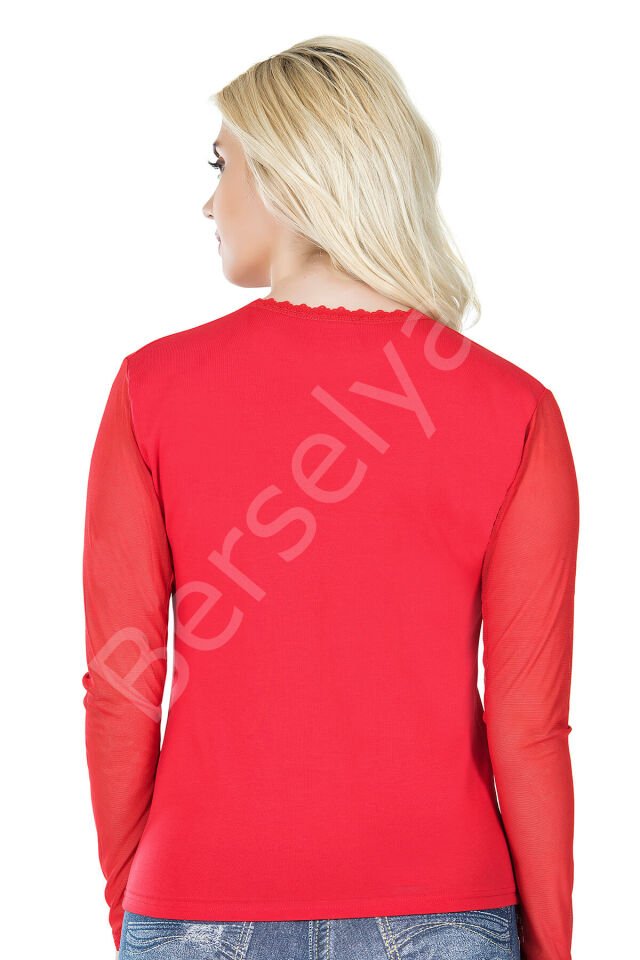 Uzun Kol Transparan Yaka Kadın Tişört 293