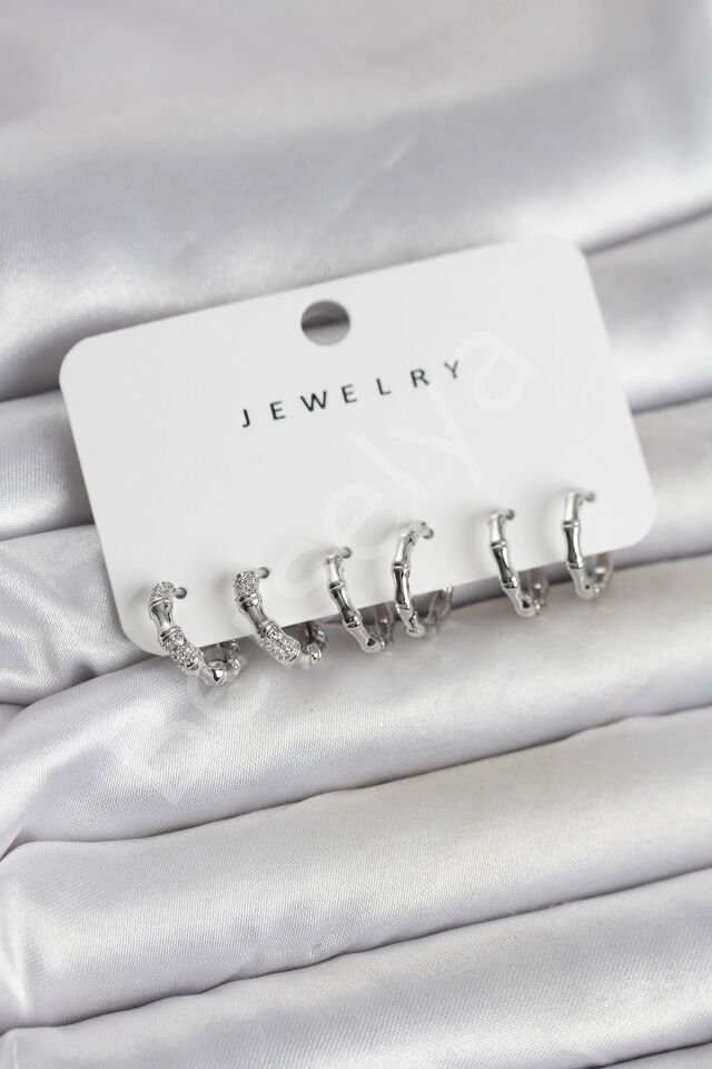 Gümüş Renk Pirinç Kemik Model 3 Çift Kadın Küpe Seti