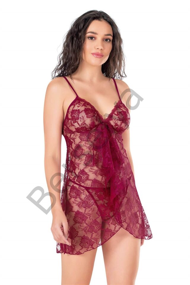 Bordo Kısa Tül Gecelik