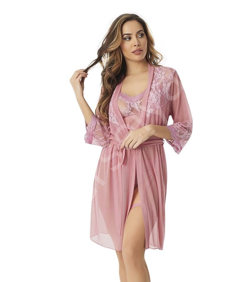 Pembe Dantel Seksi Sütyen Sabahlık Takım  9058