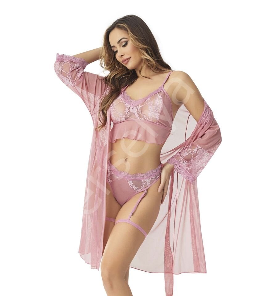 Pembe Dantel Seksi Sütyen Sabahlık Takım  9058