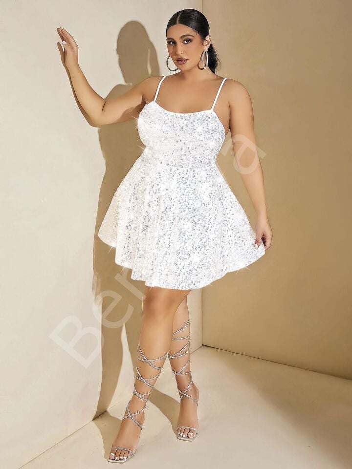 Özel Tasarım Büyük Beden Payetli Parlak Işıltılı Beyaz Mini Club Elbisesi