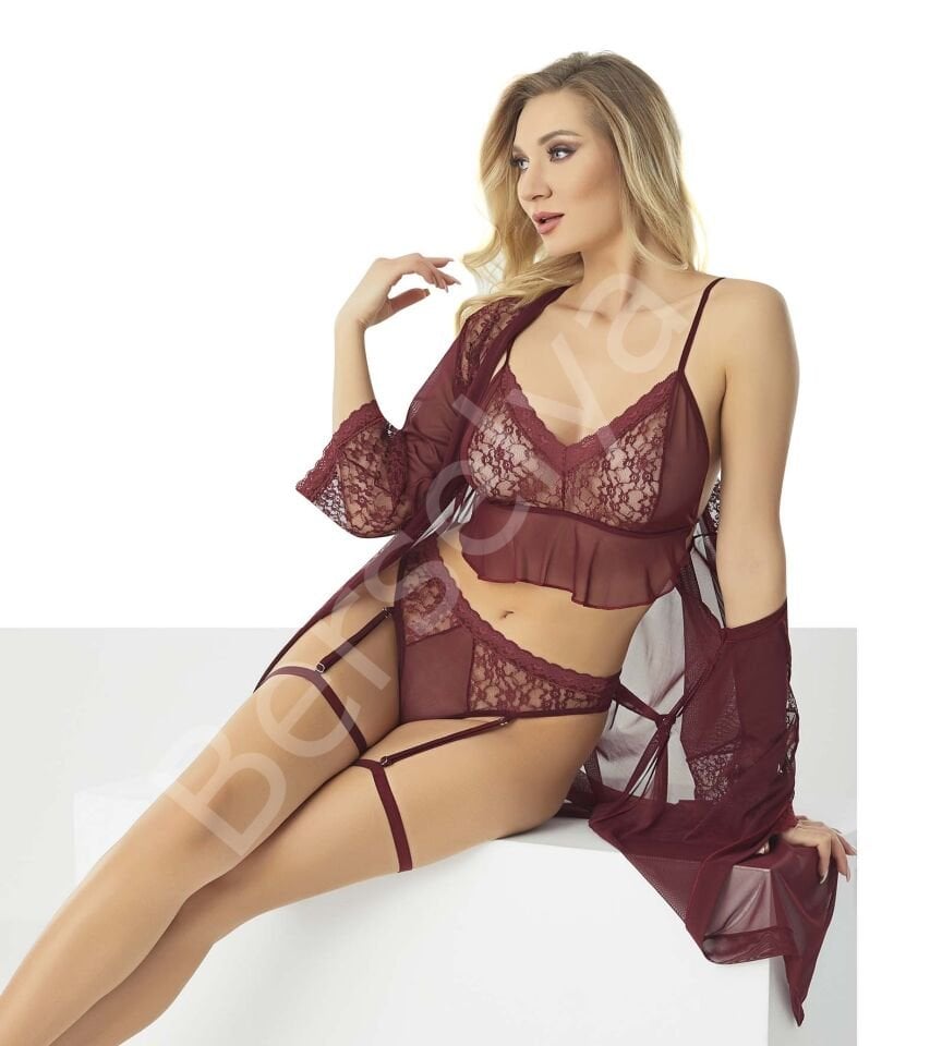 Bordo Dantelli Sütyen Sabahlık Seksi Takım  9057