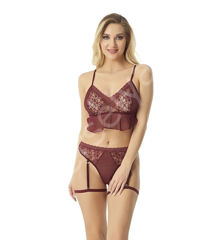 Bordo Dantelli Sütyen Sabahlık Seksi Takım  9057
