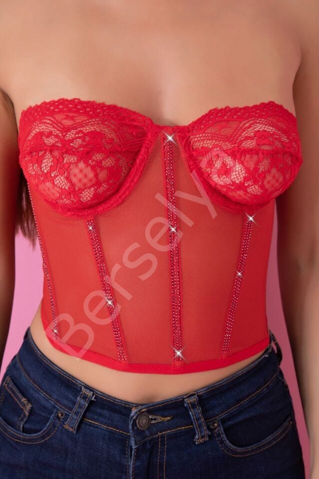 Kırmızı Özel Tasarım Taşlı  Büstiyer