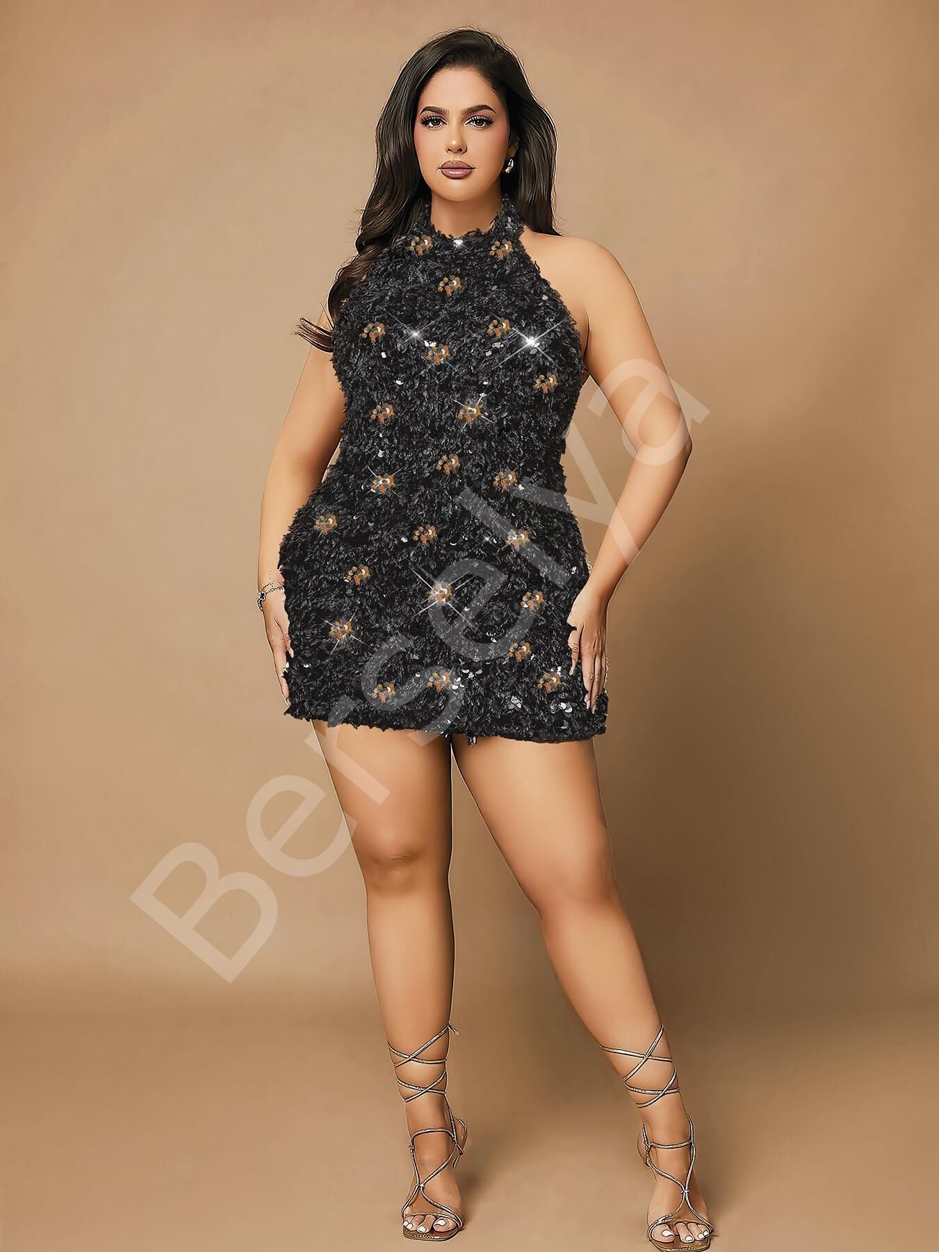 Özel Tasarım Büyük Beden Gold Payetli Parlak Işıltılı Siyah Mini Club Elbisesi