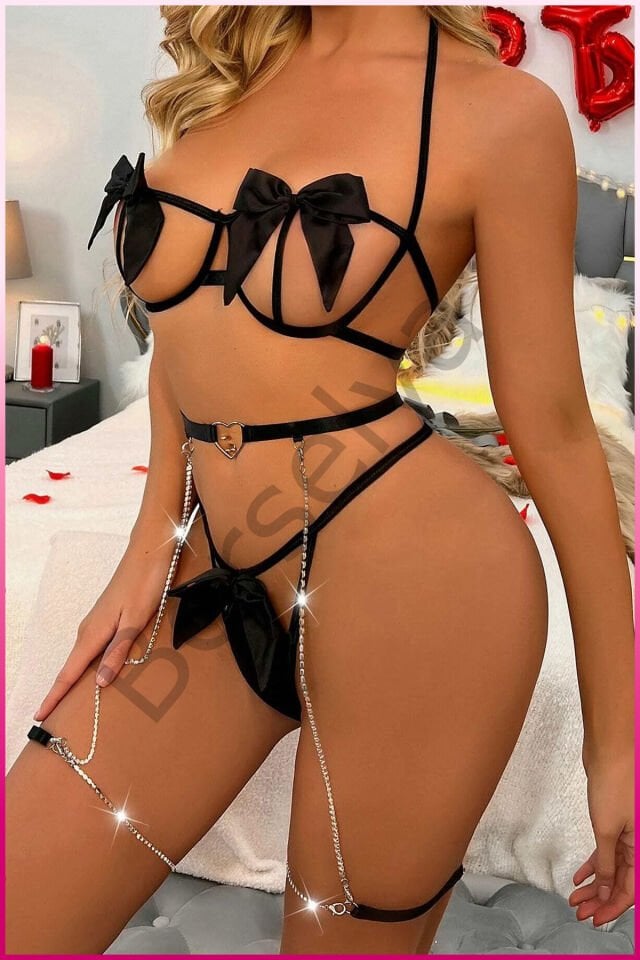 Siyah Göğüs Fiyonklu Balenli Seksi Jartiyer Takım