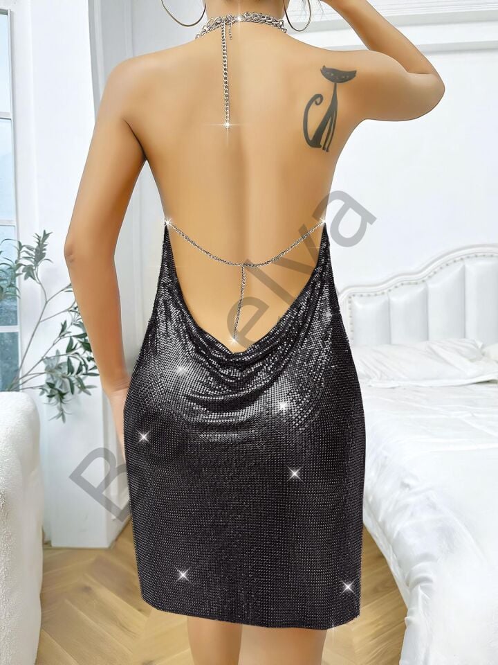 Özel Tasarım Siyah Payetli Zincir Detaylı Parlak Işıltılı Sırt Dekolteli Fantezi Mini Club Elbisesi