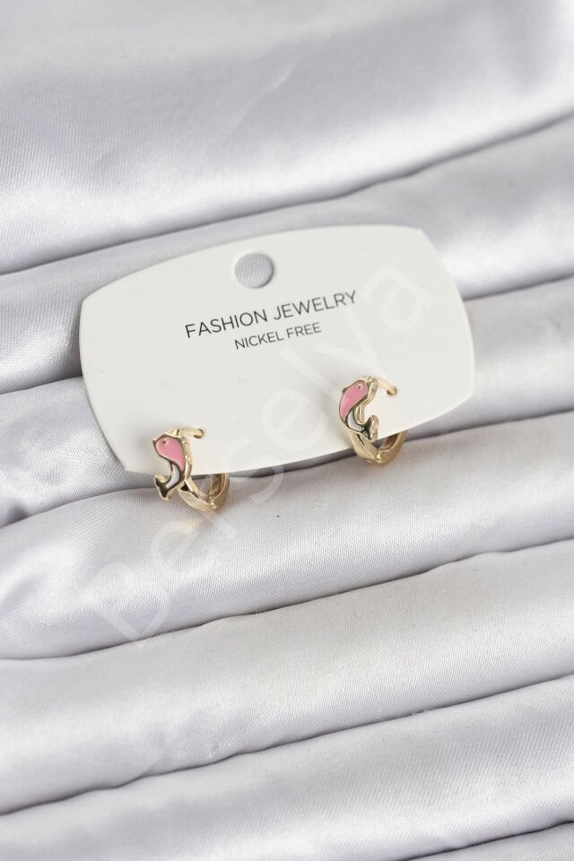 Pembe Yunus Balığı Model Gold Renk Pirinç Çocuk Küpe