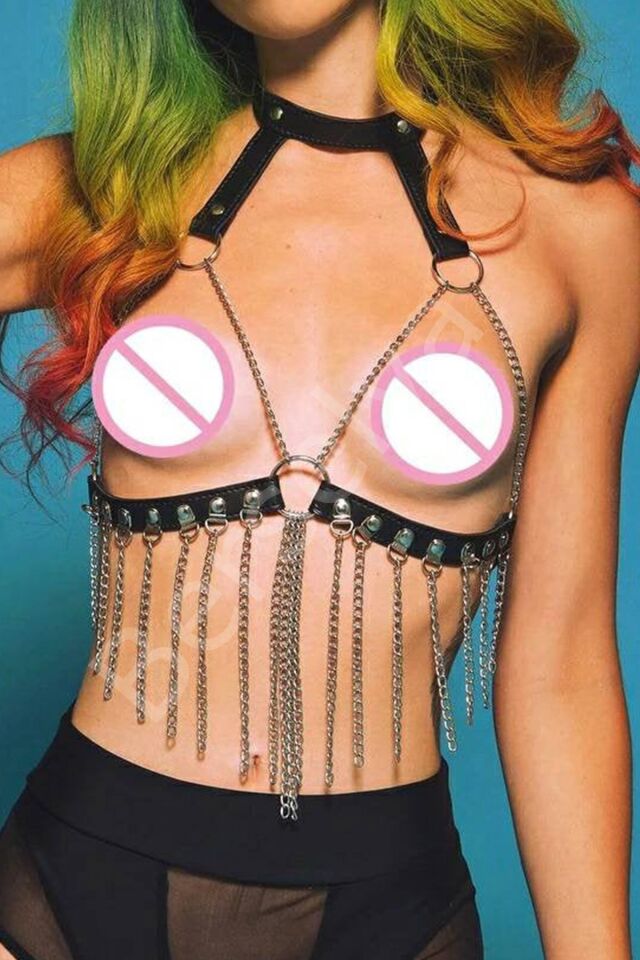 Siyah Göğsü Açık Zincirli Fantazi Deri Sütyen 1014