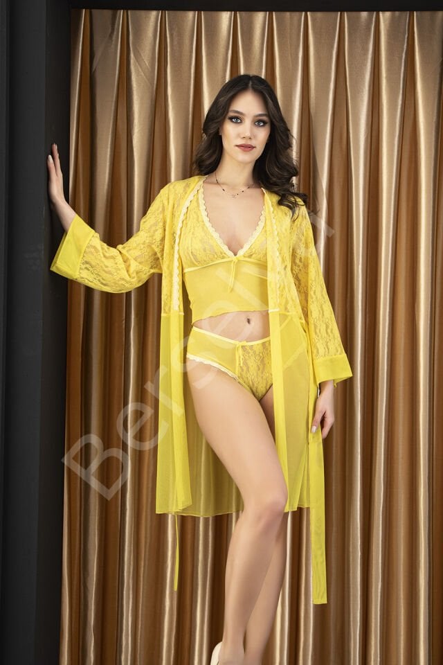 Sarı Dantelli Bralet Fantazi Sütyen Sabahlık Takım Lilly Bianca 9030