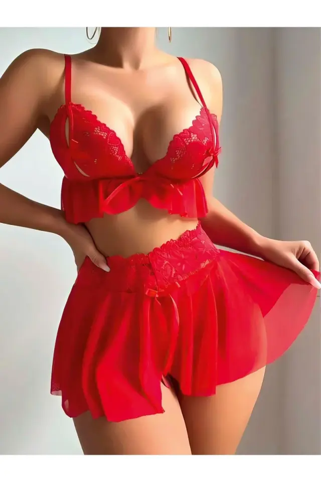 Kadın Kırmızı Tül Etekli Seksi Fantezi Kostüm