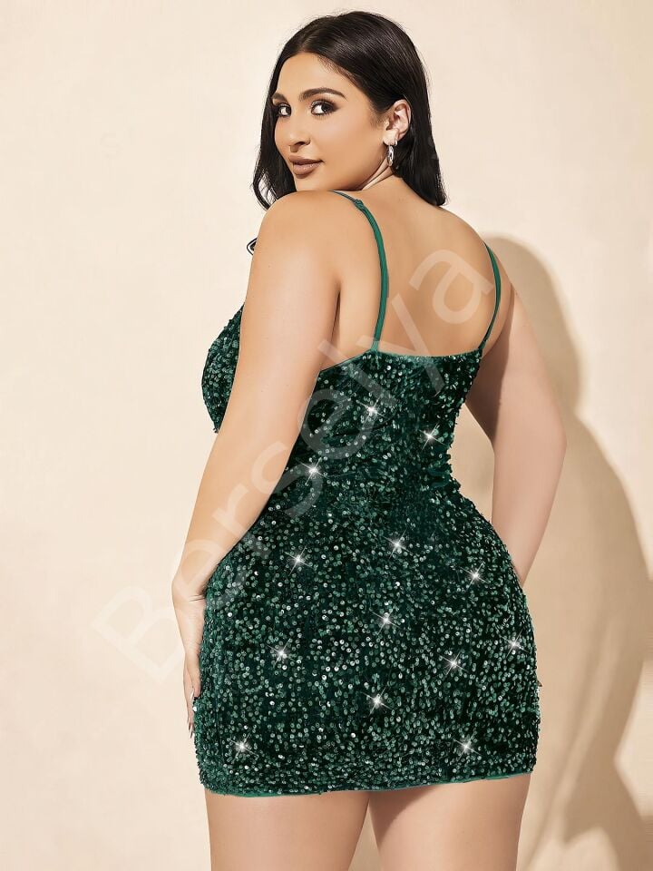 Özel Tasarım Büyük Beden Yeşil Payetli Parlak Işıltılı Mini Club Elbisesi