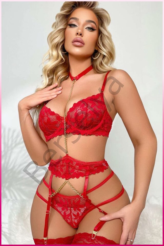 Kırmızı Göğüs Balenli Dantelli Zincir Detaylı Seksi Jartiyer Takım