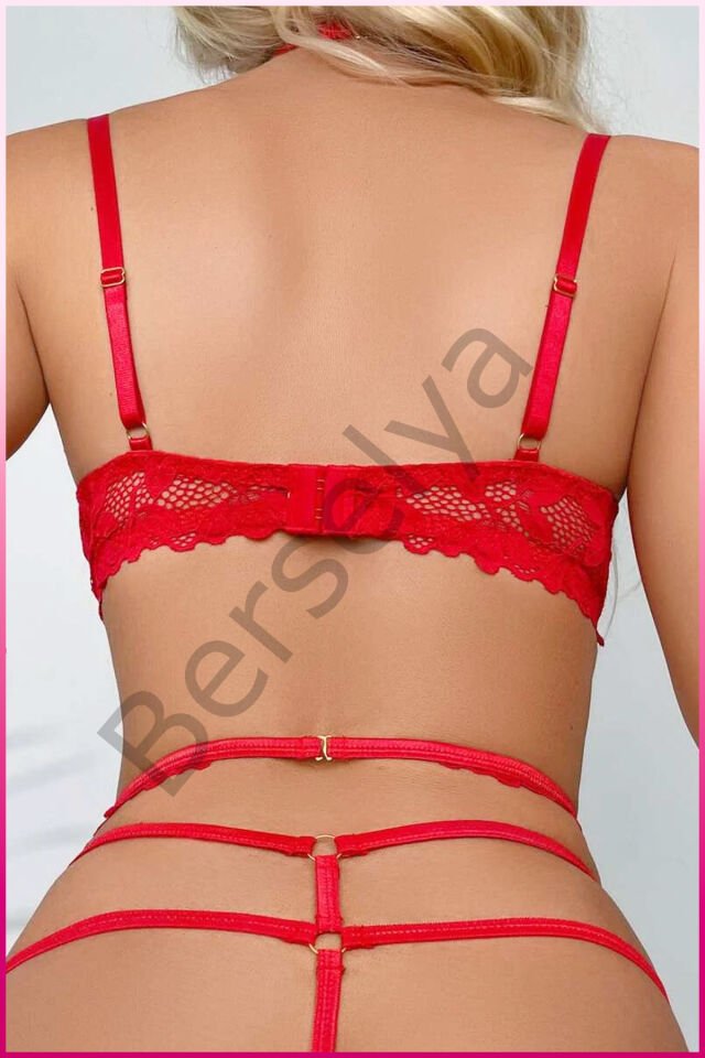 Kırmızı Göğüs Balenli Dantelli Zincir Detaylı Seksi Jartiyer Takım