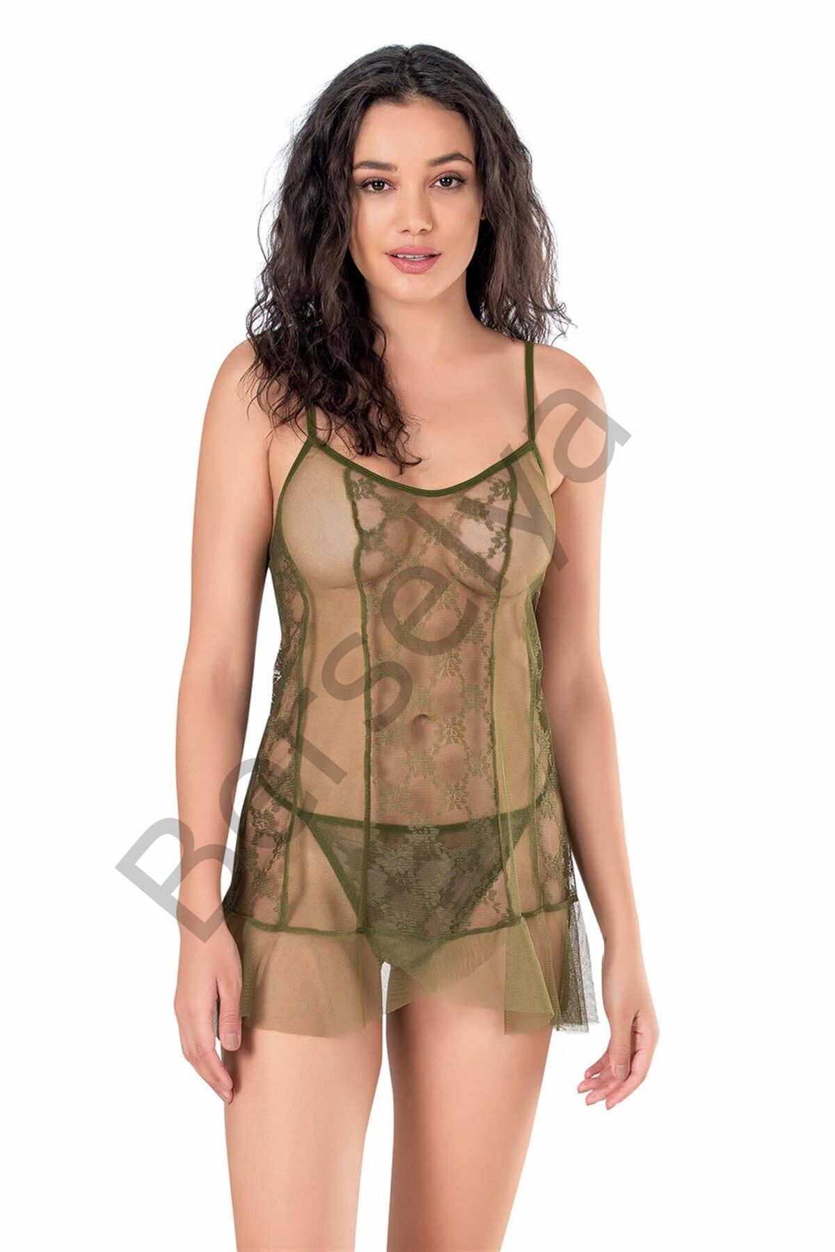 Haki Kısa Tül Gecelik