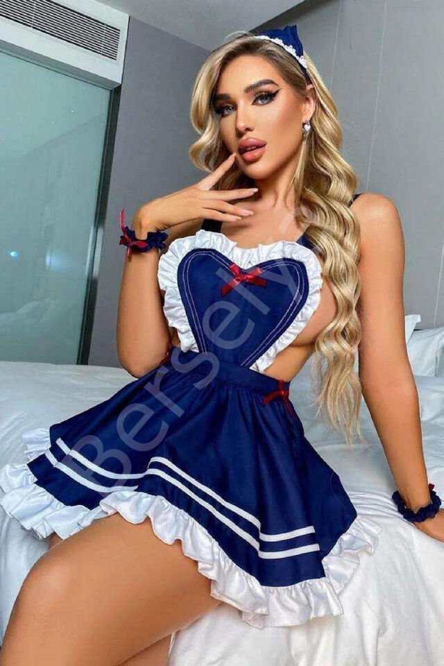 Kadın Fantezi Hizmetçi Kostümü Harness Erotik Kıyafet 20047 Lacivert