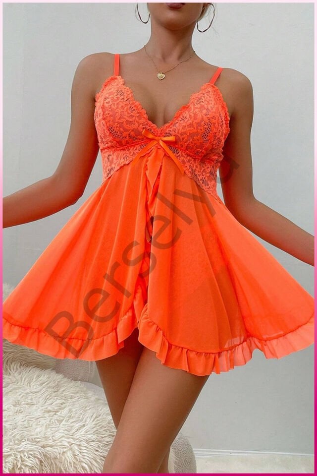 Kadın Zarif Turuncu Tül Gecelik Ve Külot Takım