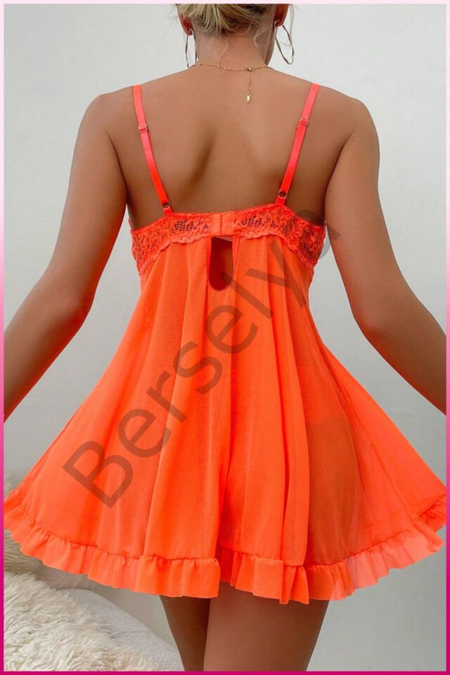 Kadın Zarif Turuncu Tül Gecelik Ve Külot Takım