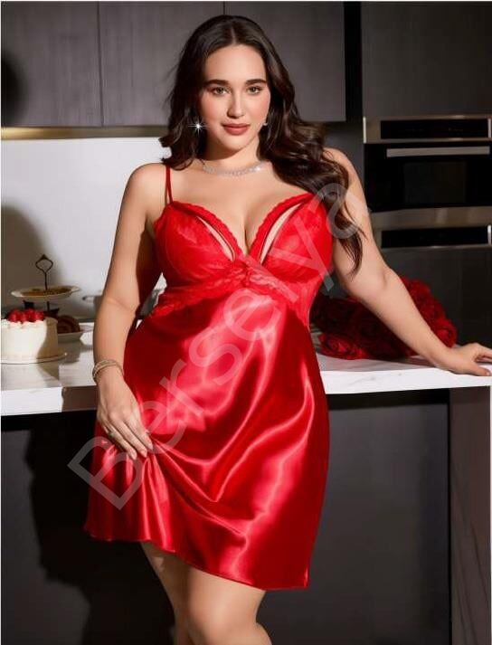 Büyük Beden Kırmızı Dantel Detaylı Saten Gecelik