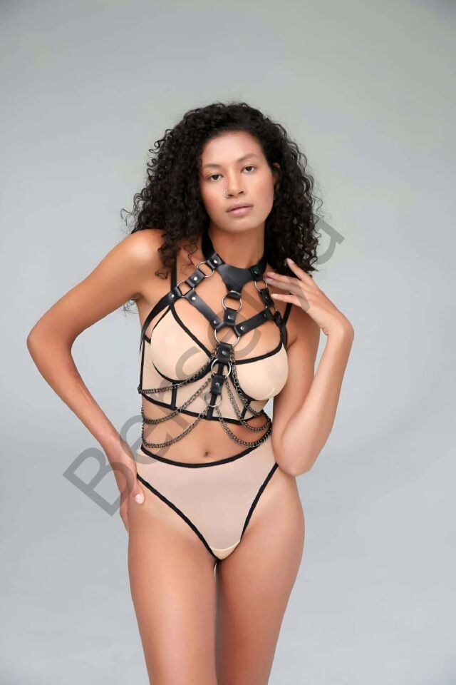 Zincir Detaylı Şık Göğüs Üzeri Deri Harness - Brf1066