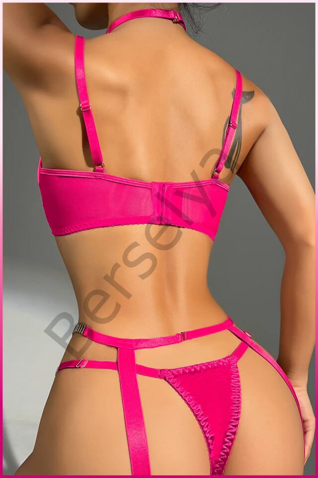 Fuşya Merdüven Zincirli Göğüs Balenli Kadın Seksi Jartiyer Takım