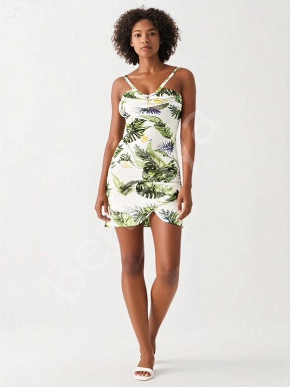 Luna Lora Kadın Çiçek Desenli İnce Askılı Büzgülü Fantezi Mini Elbise