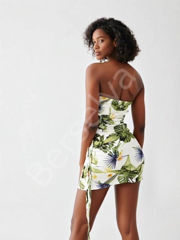 Luna Lora Kadın Çiçek Desenli İnce Askılı Büzgülü Fantezi Mini Elbise