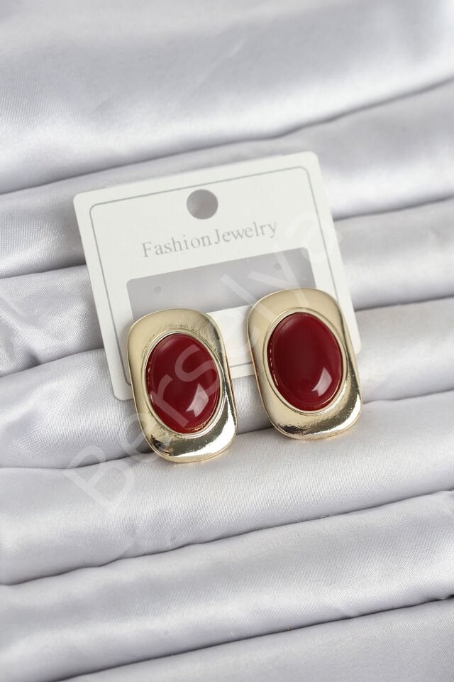 Bordo Renk Kare Model Vintage Kadın Küpe