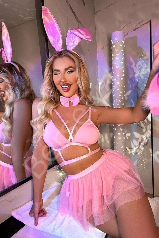 Kadın Fantezi Tavşan Kostüm Harness Erotik Kıyafet 20053 Pembe