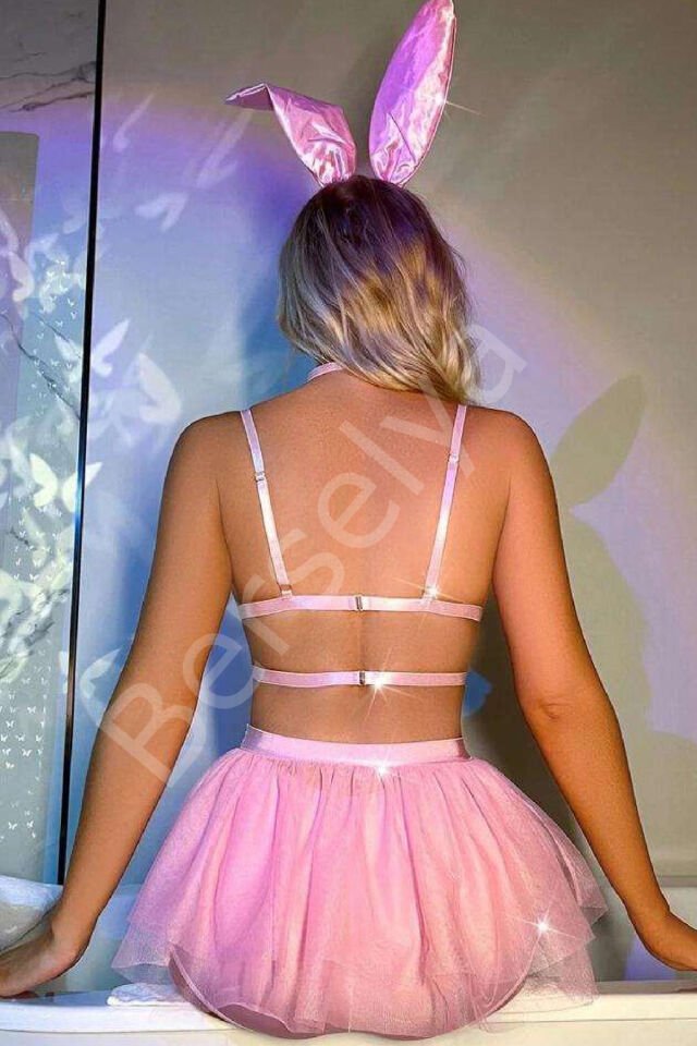 Kadın Fantezi Tavşan Kostüm Harness Erotik Kıyafet 20053 Pembe