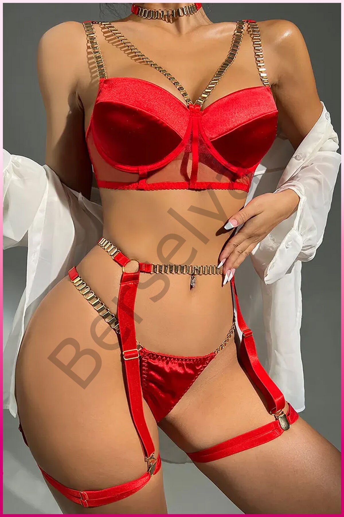 Kırmızı Merdüven Zincirli Göğüs Balenli Kadın Seksi Jartiyer Takım