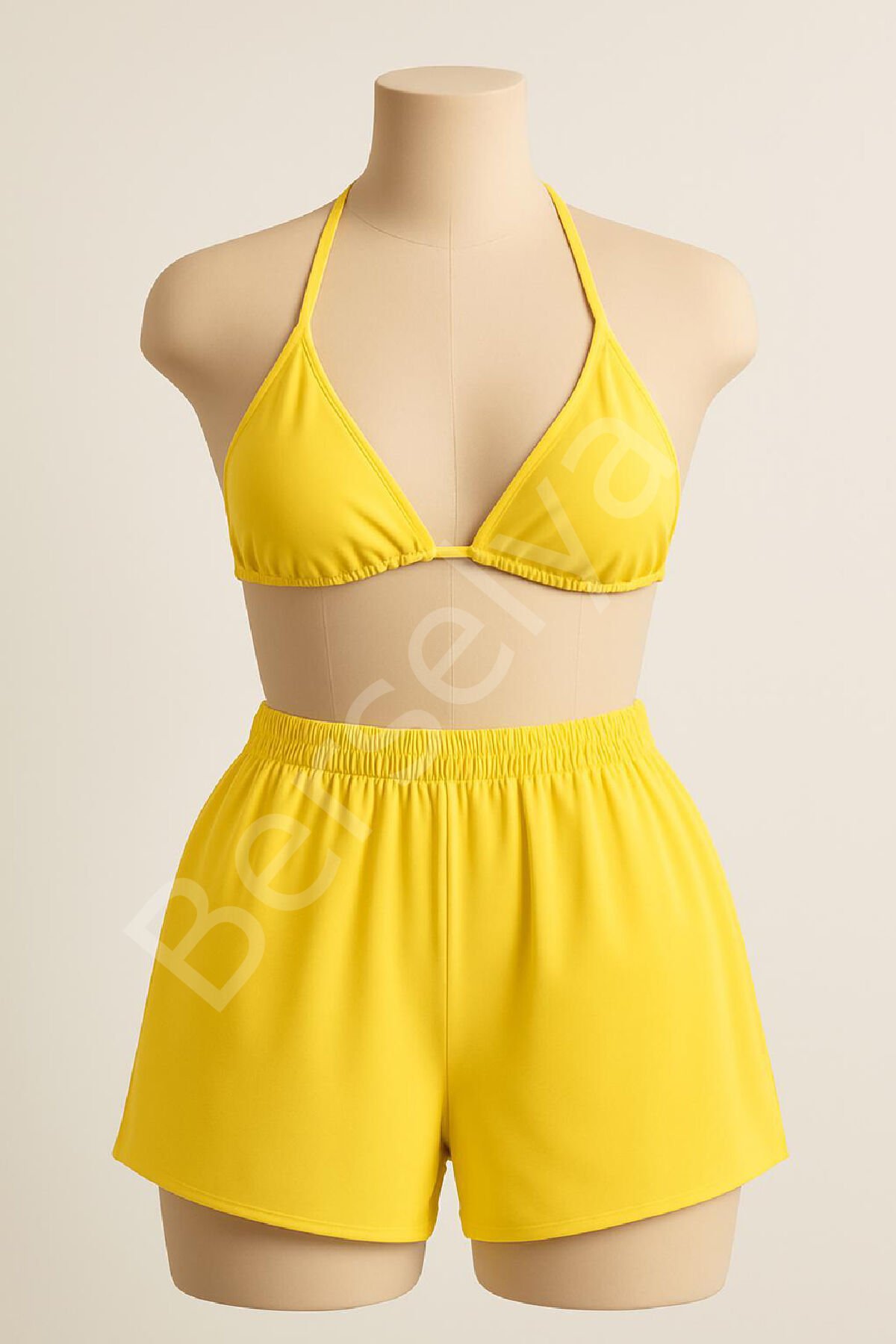 Kadın Sarı Şortlu Belden Ve Boyundan Bağlamalı Bikini Takımı