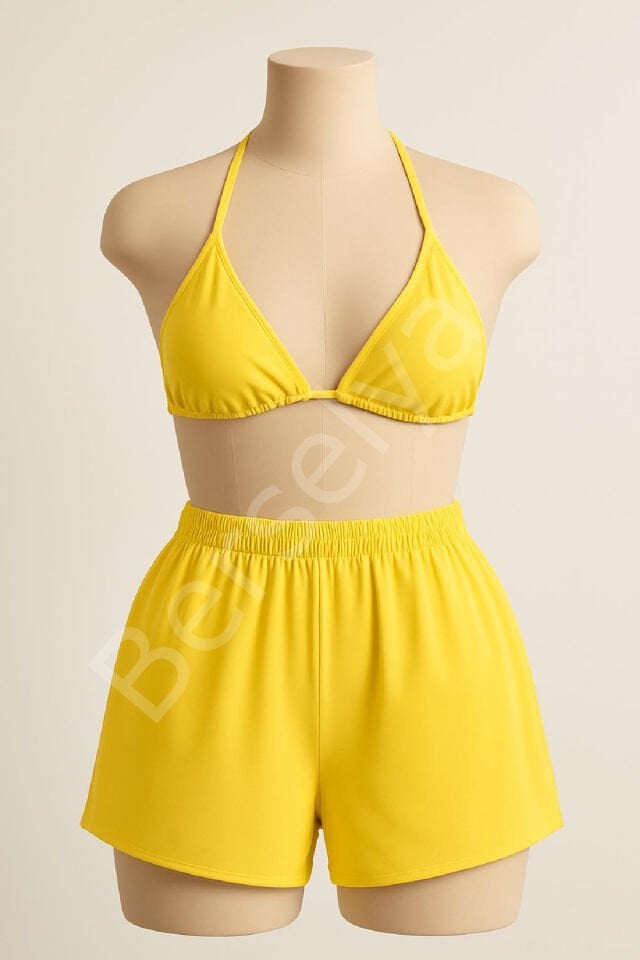 Kadın Sarı Şortlu Belden Ve Boyundan Bağlamalı Bikini Takımı