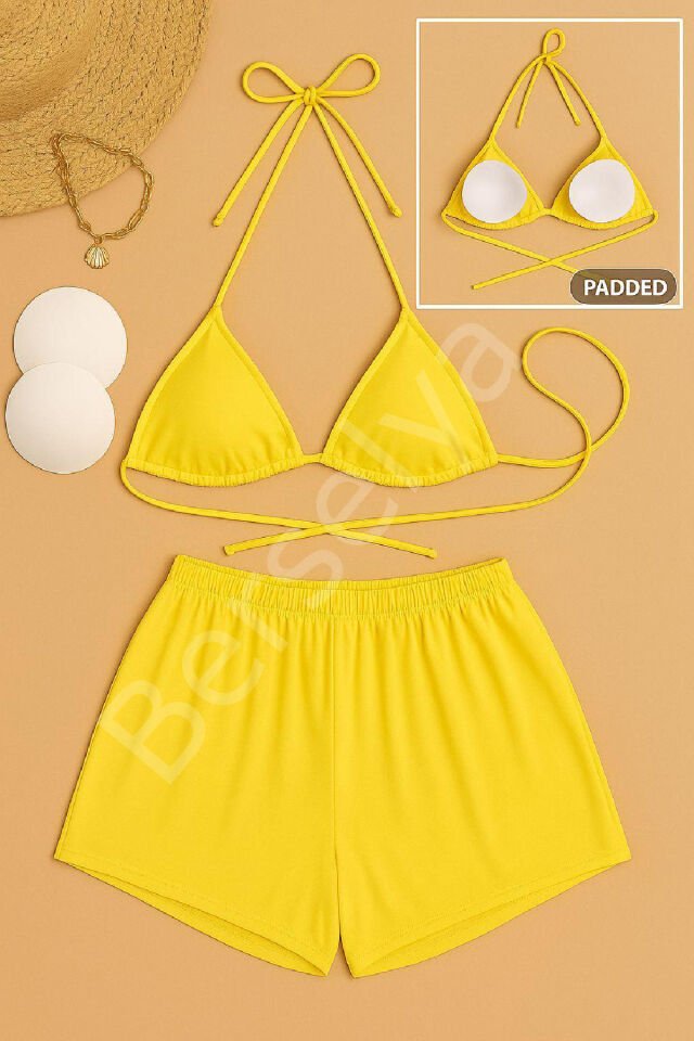 Kadın Sarı Şortlu Belden Ve Boyundan Bağlamalı Bikini Takımı