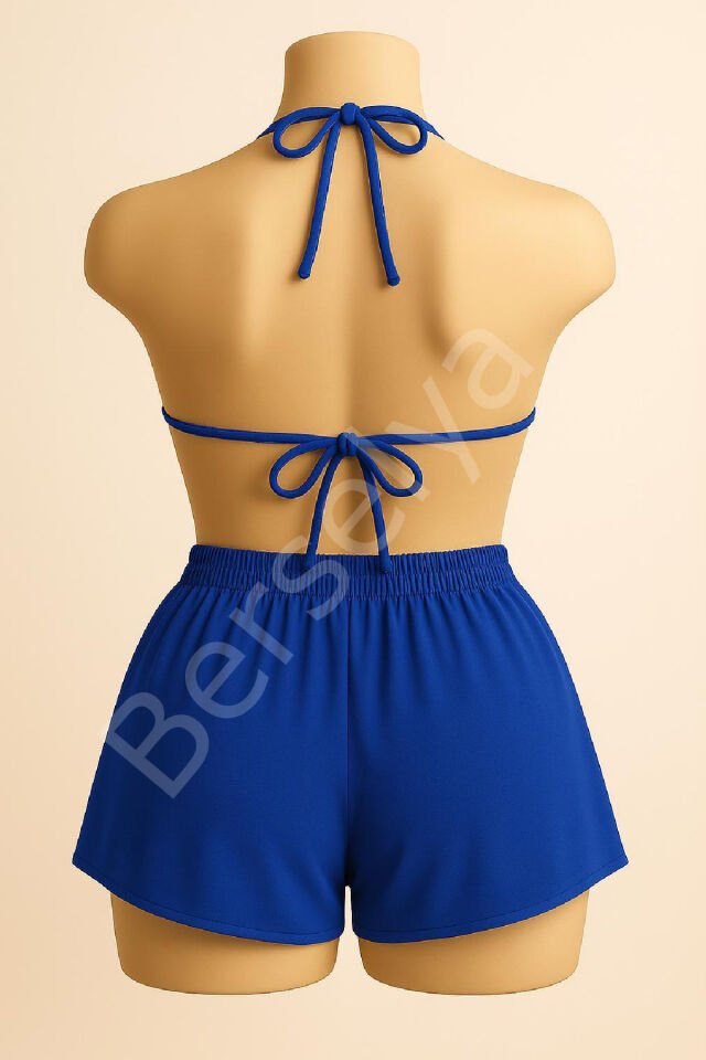 Kadın Mavi Şortlu Belden Ve Boyundan Bağlamalı Bikini Takımı