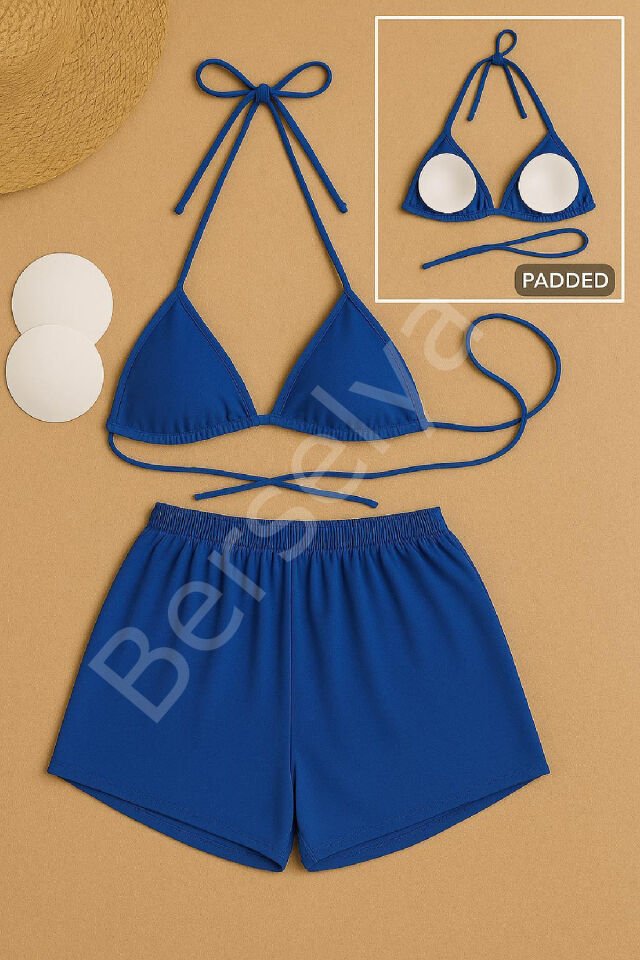 Kadın Mavi Şortlu Belden Ve Boyundan Bağlamalı Bikini Takımı