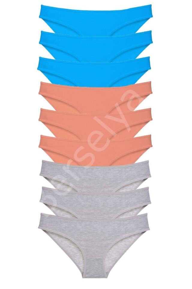 9 adet Süper Eko Set Likralı Kadın Slip Külot Pudra Gri Mavi XL