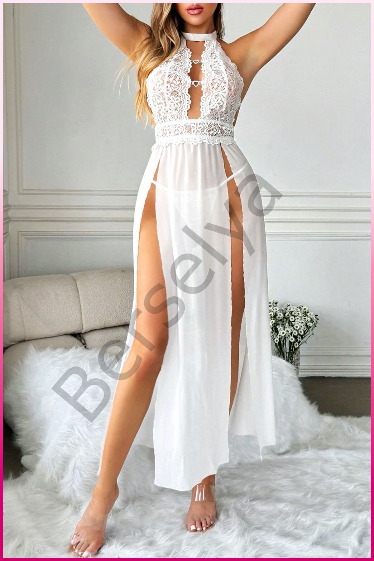 Beyaz Kalp Aksesuarlı Tül Etekli Kadın Seksi Gecelik