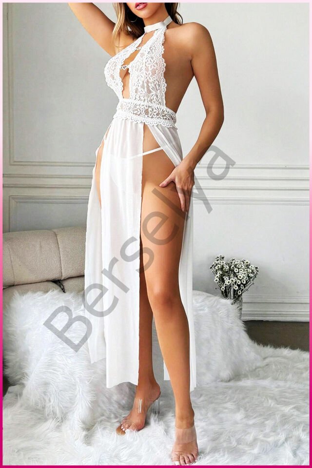 Beyaz Kalp Aksesuarlı Tül Etekli Kadın Seksi Gecelik