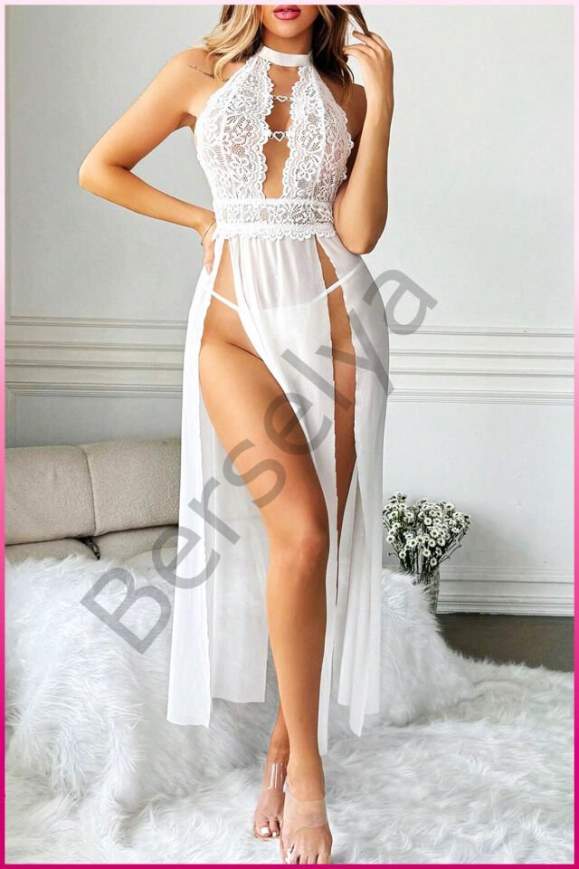 Beyaz Kalp Aksesuarlı Tül Etekli Kadın Seksi Gecelik