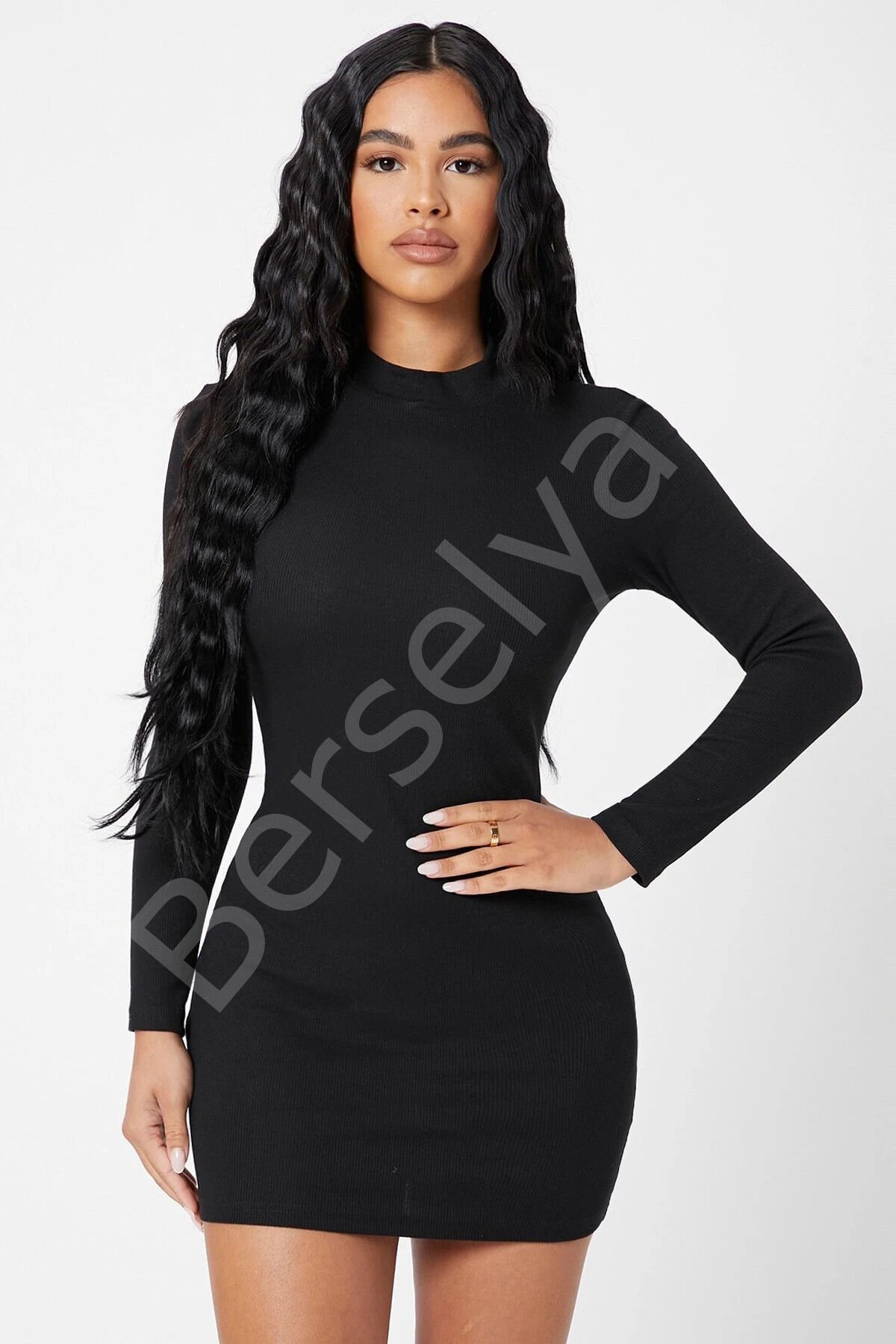 Kadın Siyah Kaşkorse Balıkçı Yaka Uzun Kollu Bodycon Mini Elbise