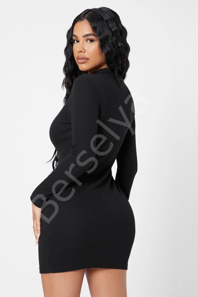 Kadın Siyah Kaşkorse Balıkçı Yaka Uzun Kollu Bodycon Mini Elbise