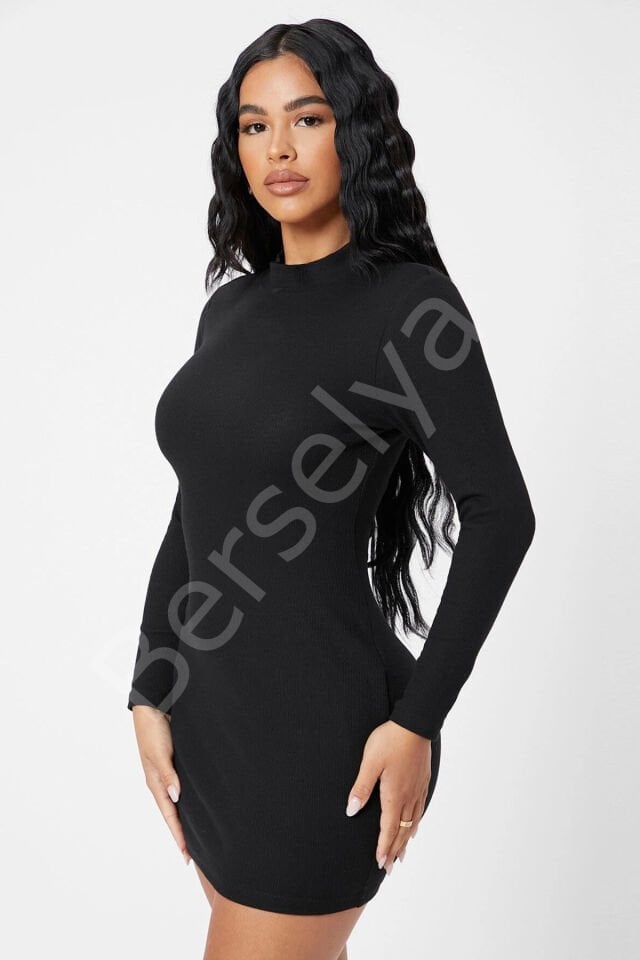 Kadın Siyah Kaşkorse Balıkçı Yaka Uzun Kollu Bodycon Mini Elbise