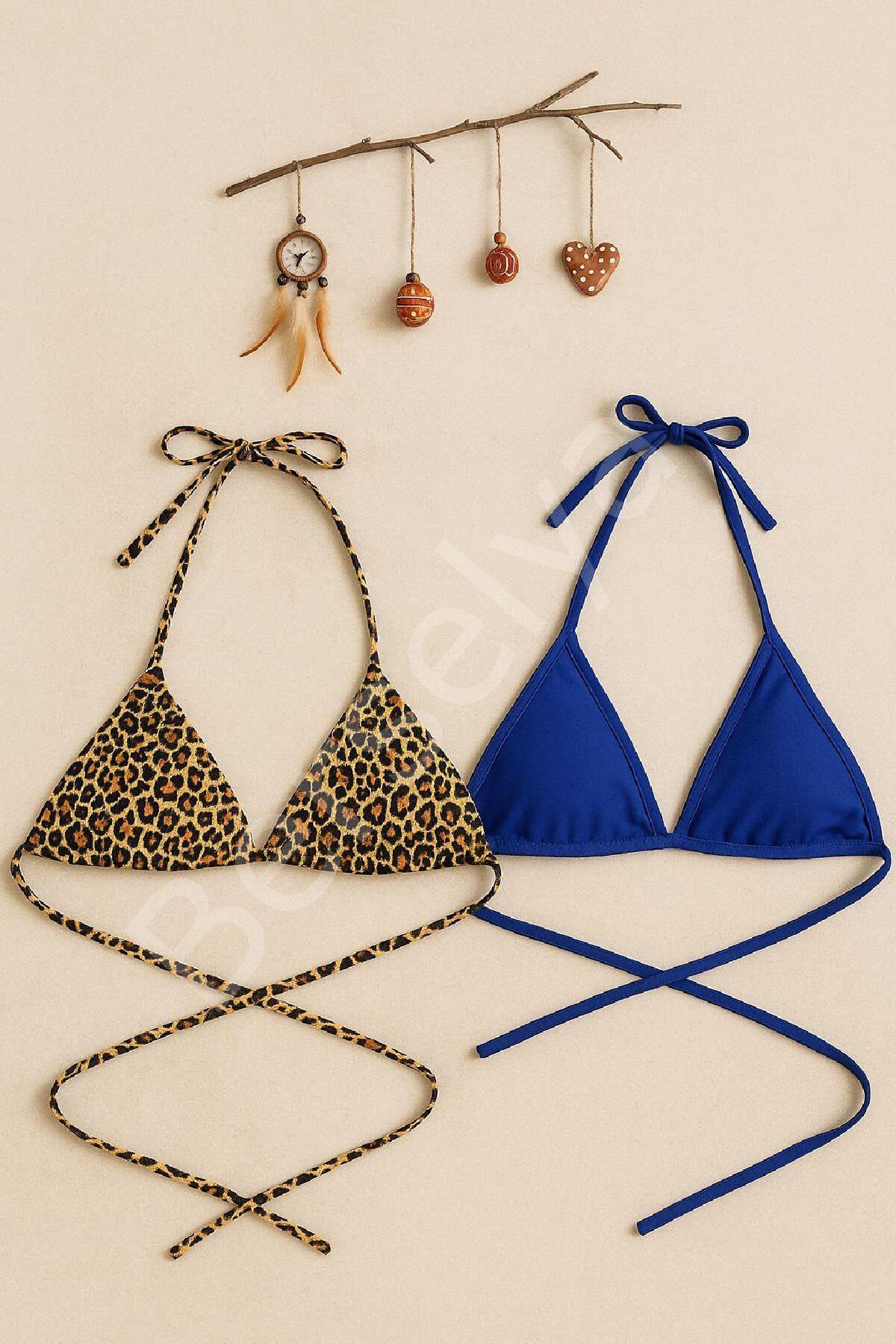 Kadın Leopar Desenli Ve Mavi Minimal Kesim Üçgen Bikini Üstü