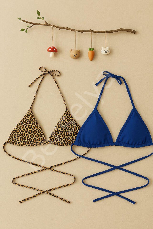 Kadın Leopar Desenli Ve Mavi Minimal Kesim Üçgen Bikini Üstü