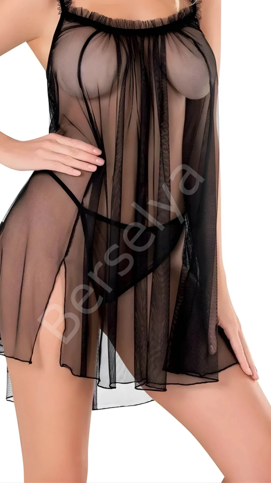 Luna Lora Siyah Tül Mini Gecelik Zarif Kadın Gece Elbisesi