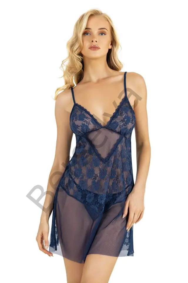 Dantel İşlemeli Lacivert Kısa Tül Gecelik