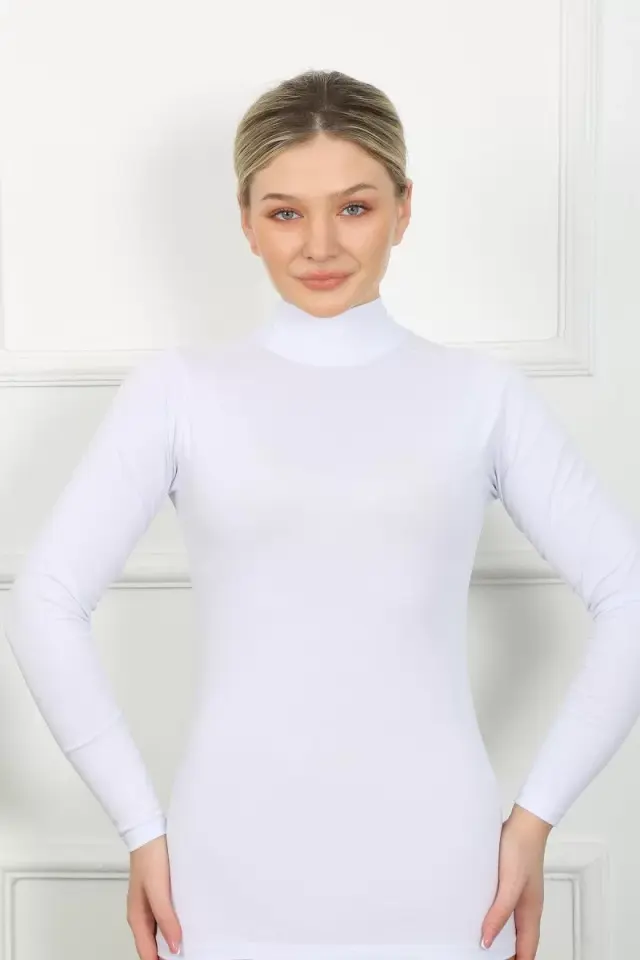 Bayan Uzun Kol Boğazlı Body Beyaz