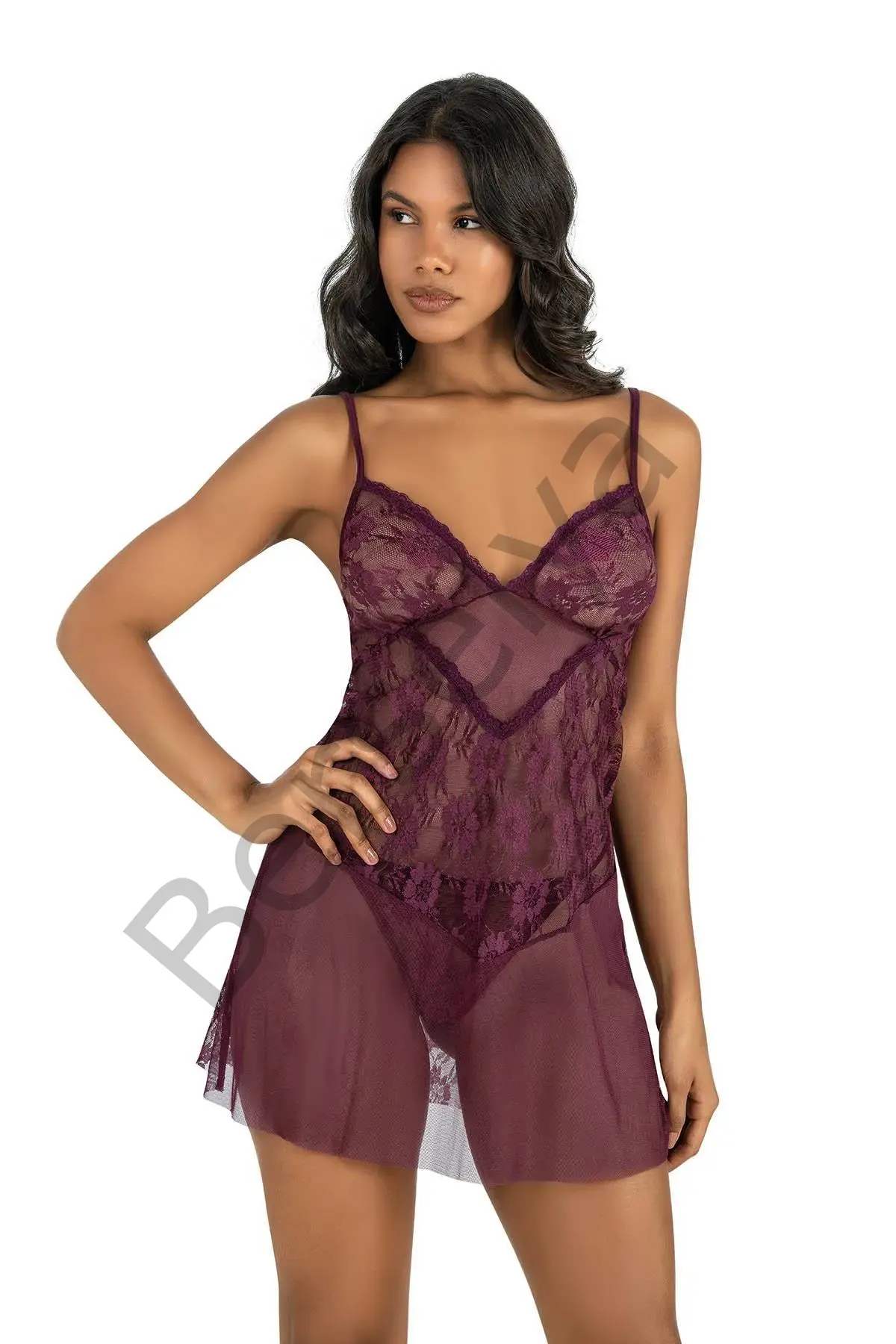 Dantel İşlemeli Mürdüm Kısa Tül Gecelik